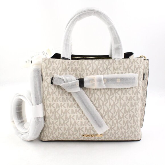 NWT Michael Kors Emilia Small Logo-Print Coated Canvas Satchel in Vanilla/Black - Picture 1 of 12